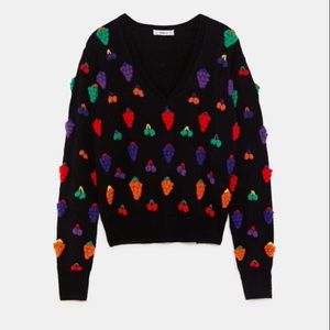 Zara Black Sweater with Colorful Fruit Patterns